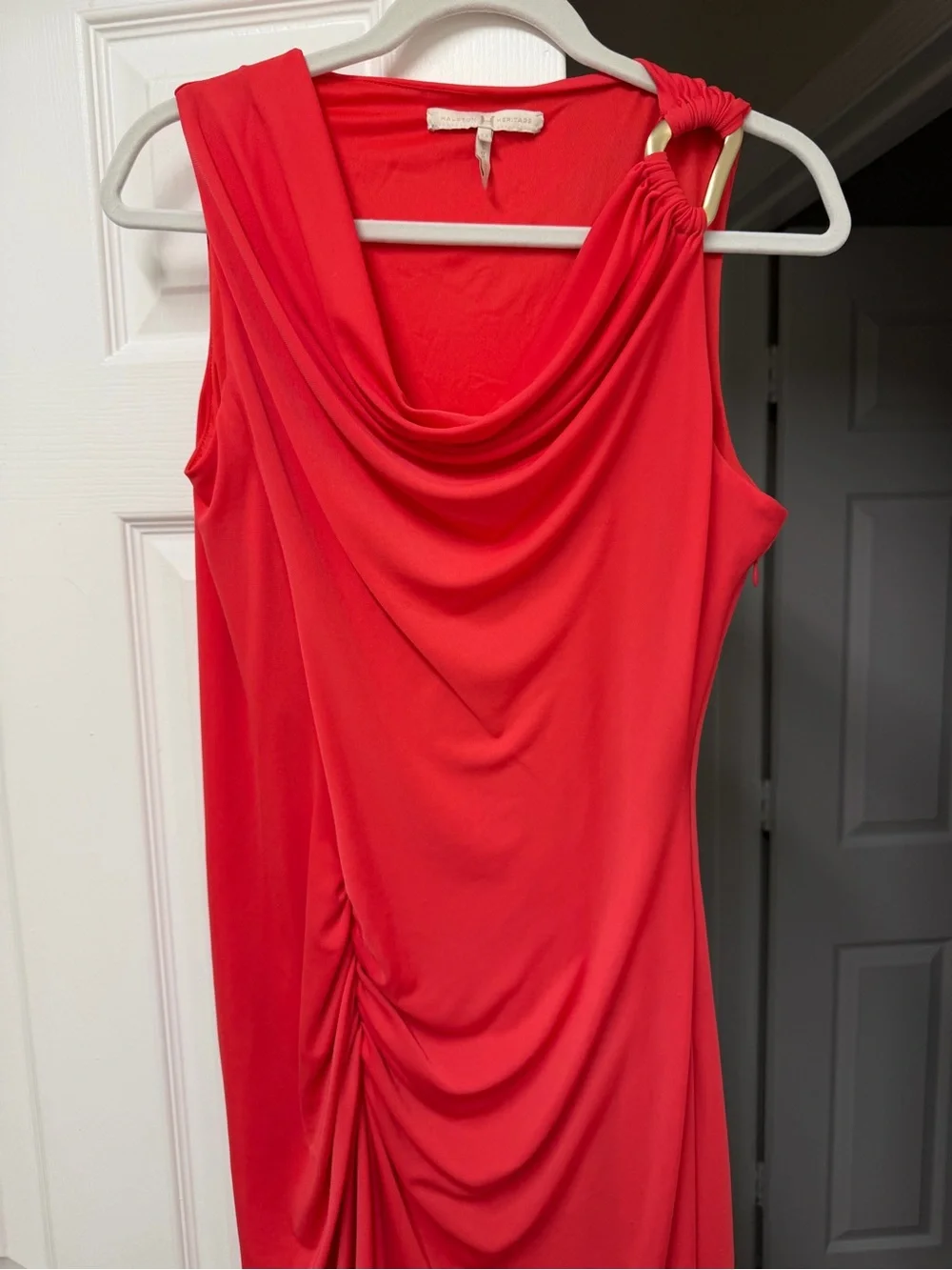 Halston Heritage Cowl Neck Ruched Dress Poppy Red Coral Size M